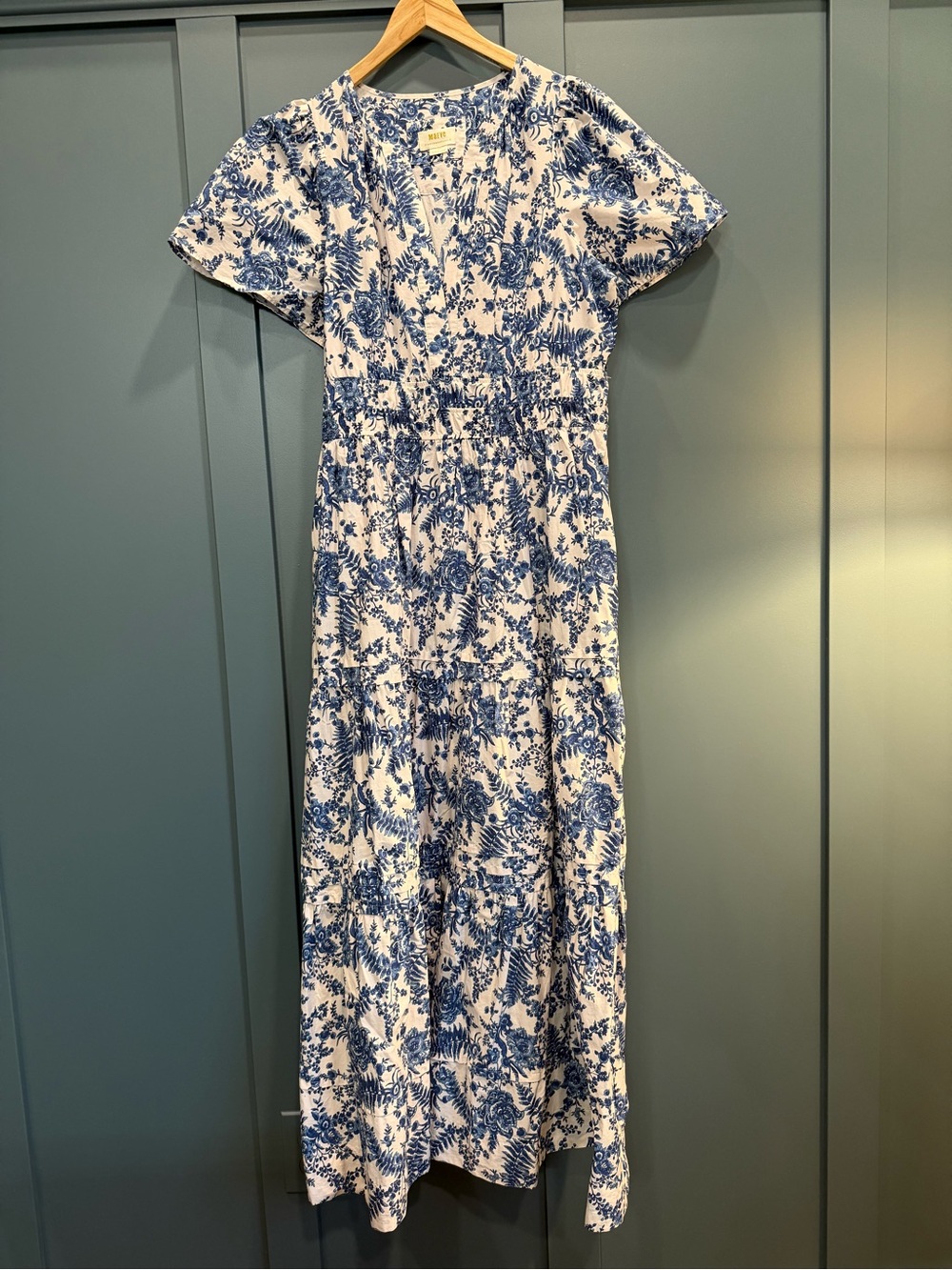 Anthropologie White and Blue Floral Maxi Dress
